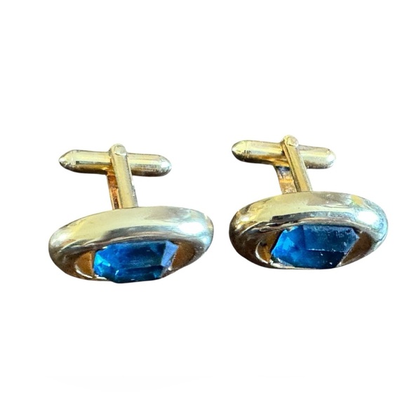 Vintage Gold with Blue jewels Swank Cufflinks - Picture 3 of 6